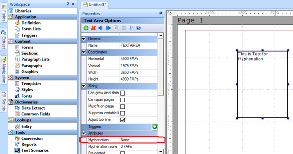 Using the Hyphenation option in Documaker Studio. This figure shows the Hyphenation setting in Text Area Options for a text area object in the Section Manager in Documaker Studio.